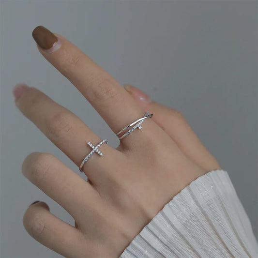 Korean Zircon Ring Personality Cross Open Adjustable Finger Rings for Women Fashion Silver Color Jewelry Accessories Party Gift
