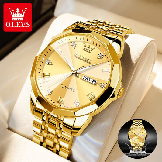 Gold Watch for Men Diamond Luxury Casual Dress Stainless Steel Date Quartz Watch Waterproof Luminous, Gifts for Men, Adult Male Wristwatch