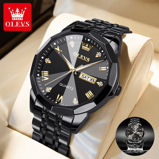 Black Watch for Men Diamond Luxury Casual Stainless Steel Date Quartz Watch Waterproof Luminous, Gifts for Men, Adult Male Wristwatch